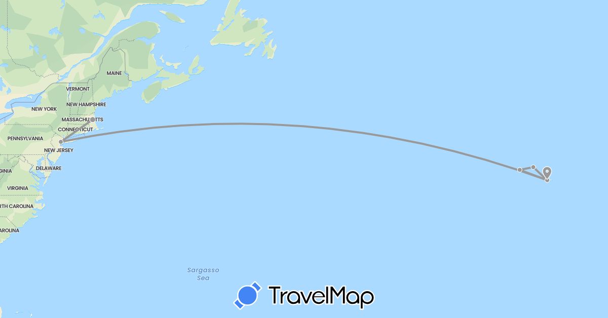 TravelMap itinerary: driving, plane in Portugal, United States (Europe, North America)